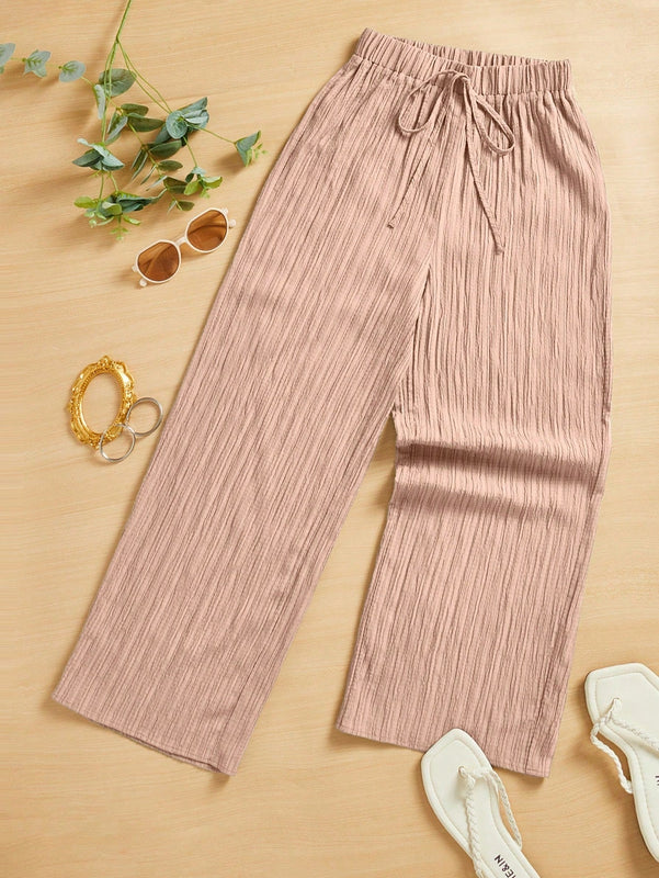 Essnce pantalones casuales de pernera ancha de 7/8 con textura y cintura anudada de unicolor para mujer