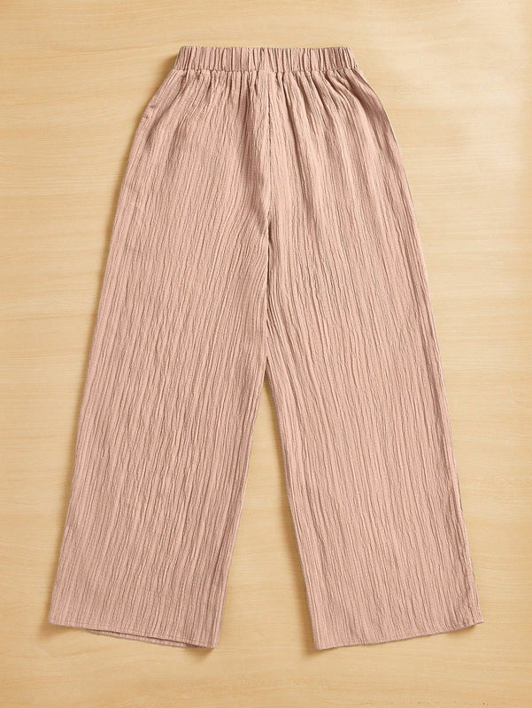 Essnce pantalones casuales de pernera ancha de 7/8 con textura y cintura anudada de unicolor para mujer