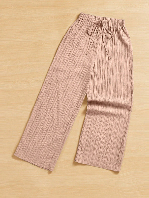 Essnce pantalones casuales de pernera ancha de 7/8 con textura y cintura anudada de unicolor para mujer