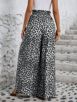 Lune pantalones de mujer de pierna ancha con cintura elastica y estampado de leopardo, atuendo casual para vacaciones o profesores