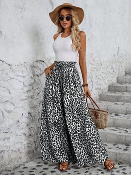 Lune pantalones de mujer de pierna ancha con cintura elastica y estampado de leopardo, atuendo casual para vacaciones o profesores