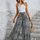 Lune pantalones de mujer de pierna ancha con cintura elastica y estampado de leopardo, atuendo casual para vacaciones o profesores