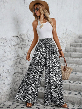 Lune pantalones de mujer de pierna ancha con cintura elastica y estampado de leopardo, atuendo casual para vacaciones o profesores