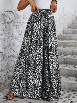 Lune pantalones de mujer de pierna ancha con cintura elastica y estampado de leopardo, atuendo casual para vacaciones o profesores