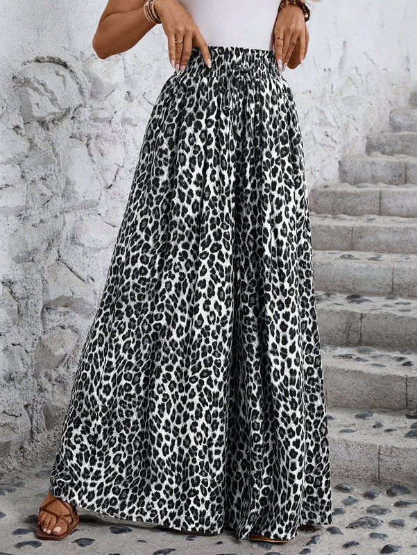 Lune pantalones de mujer de pierna ancha con cintura elastica y estampado de leopardo, atuendo casual para vacaciones o profesores