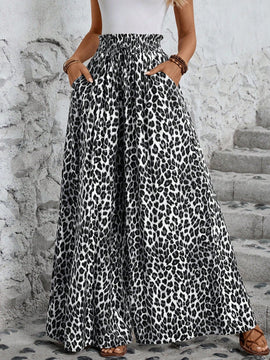 Lune pantalones de mujer de pierna ancha con cintura elastica y estampado de leopardo, atuendo casual para vacaciones o profesores
