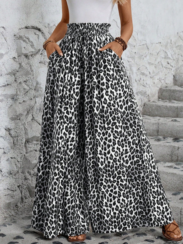 Lune pantalones de mujer de pierna ancha con cintura elastica y estampado de leopardo, atuendo casual para vacaciones o profesores