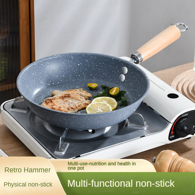 [Cocina Sin Esfuerzo] Sartén Antiadherente Retro con Mango de Madera - Acero Inoxidable, Fácil de Limpiar, Multifuncional para Cocina a Gas y de Inducción, Ideal para Bistec, Panqueques y Más, Compatible con Inducción | Sartén de Estilo Retro | Sartén de
