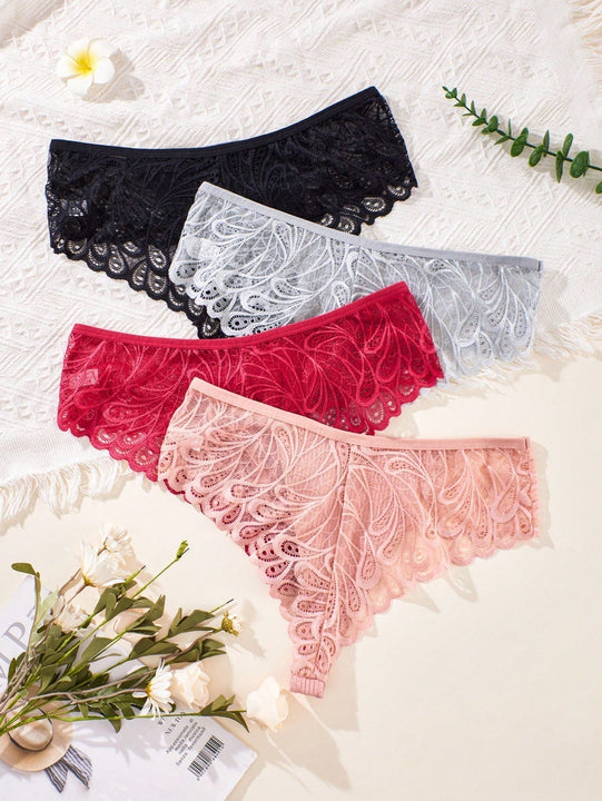 4 piezas tanga de mujer con contraste de encaje sexy, de cintura media, comoda, transpirable y suave, ropa interior femenina elegante con diseno floral