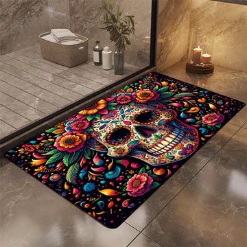 1 pieza de alfombrilla de puerta con diseño de calavera de azúcar - Diseño vibrante del Día de Muertos, antideslizante y lavable en máquina, alfombrilla de suelo de franela cómoda para entrada, cocina, sala de estar, dormitorio, lavandería, decoración de