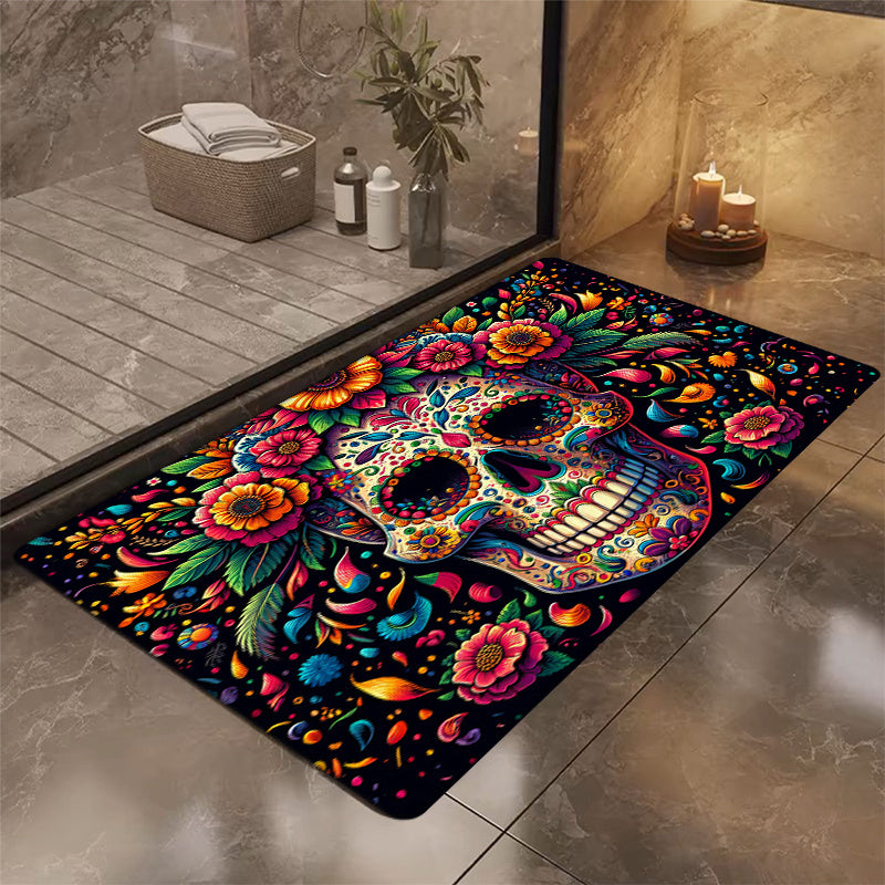 1 pieza de alfombrilla de puerta con diseño de calavera de azúcar - Diseño vibrante del Día de Muertos, antideslizante y lavable en máquina, alfombrilla de suelo de franela cómoda para entrada, cocina, sala de estar, dormitorio, lavandería, decoración de