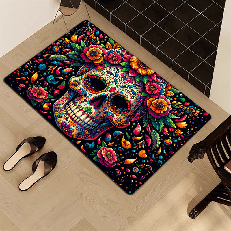 1 pieza de alfombrilla de puerta con diseño de calavera de azúcar - Diseño vibrante del Día de Muertos, antideslizante y lavable en máquina, alfombrilla de suelo de franela cómoda para entrada, cocina, sala de estar, dormitorio, lavandería, decoración de