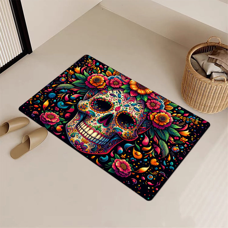 1 pieza de alfombrilla de puerta con diseño de calavera de azúcar - Diseño vibrante del Día de Muertos, antideslizante y lavable en máquina, alfombrilla de suelo de franela cómoda para entrada, cocina, sala de estar, dormitorio, lavandería, decoración de