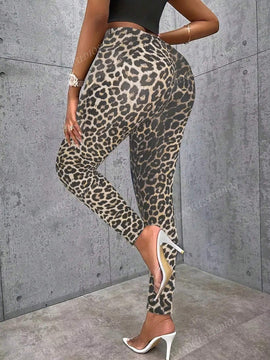 Pantalones de yoga elasticos de ajuste cenido con estampado de leopardo de moda casual para mujeres