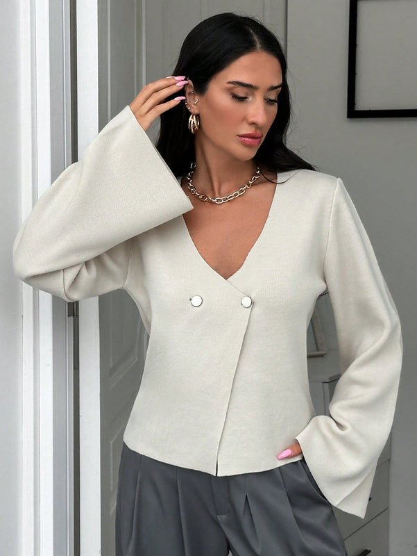 Cardigan de mujer de unicolor con cuello en v, botones delanteros y hombros caidos