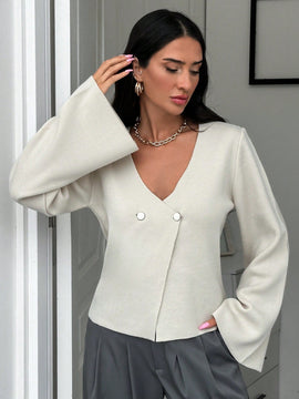 Cardigan de mujer de unicolor, con cuello en v, abotonadura delante y hombros caidos