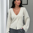 Cardigan de mujer de unicolor con cuello en v, botones delanteros y hombros caidos