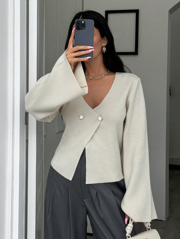 Cardigan de mujer de unicolor con cuello en v, abotonadura frontal y hombros caidos