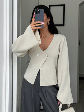 Cardigan de mujer de unicolor con cuello en v, botones delanteros y hombros caidos