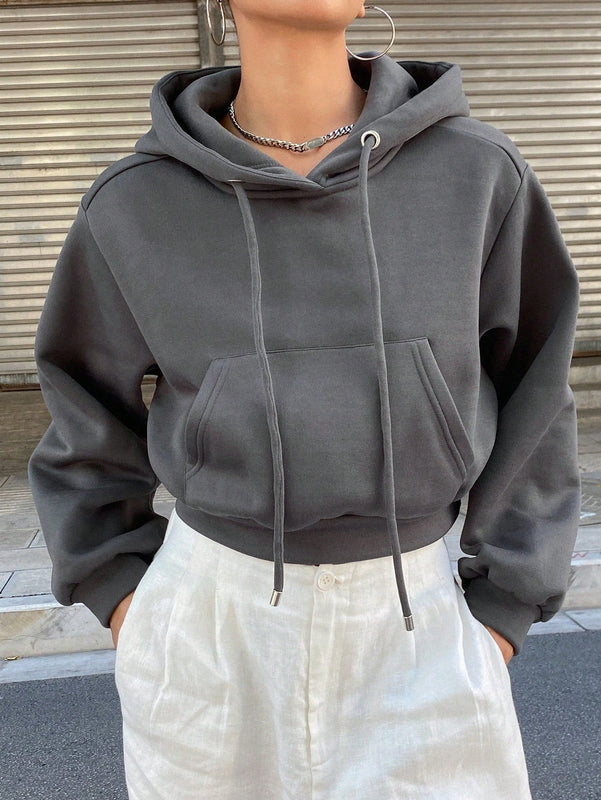 Dazy sudadera con capucha corta de unicolor informal para mujer, de manga larga, para otono/invierno