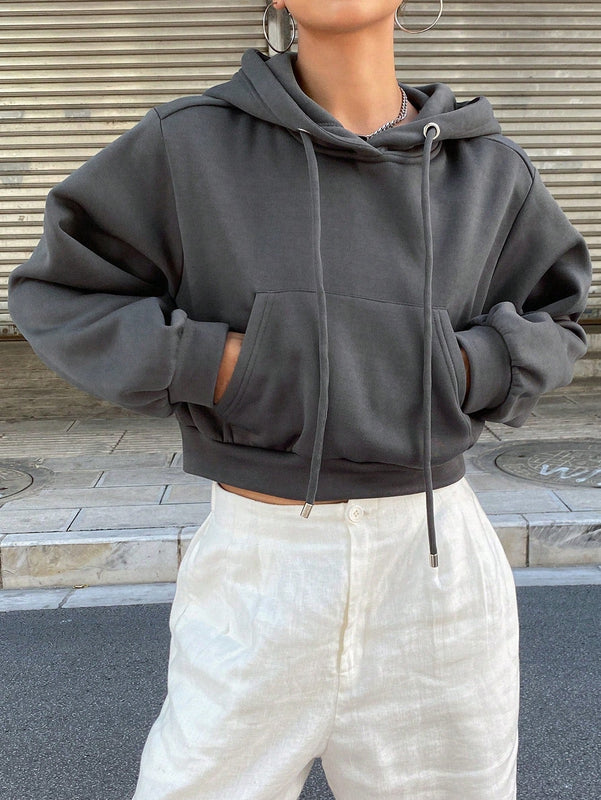 Dazy sudadera con capucha corta de unicolor informal para mujer, de manga larga, para otono/invierno