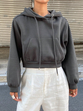 Dazy sudadera con capucha corta de unicolor informal para mujer, de manga larga, para otono/invierno
