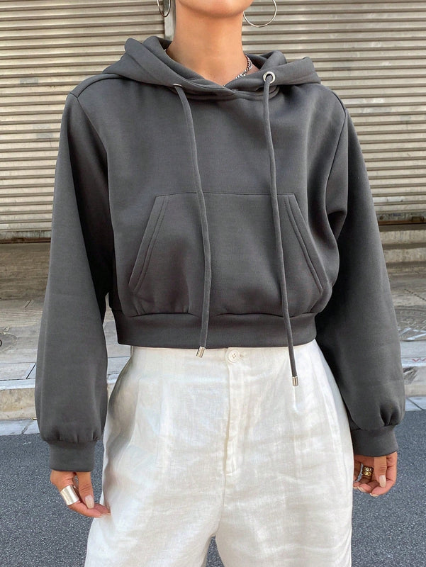 Dazy sudadera con capucha corta de unicolor informal para mujer, de manga larga, para otono/invierno
