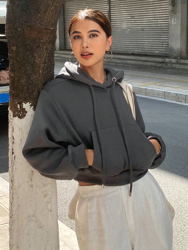 Dazy sudadera con capucha corta de unicolor informal para mujer, de manga larga, para otono/invierno