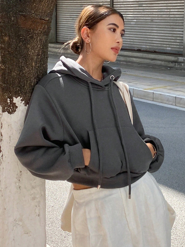 Dazy sudadera con capucha corta de unicolor informal para mujer, de manga larga, para otono/invierno