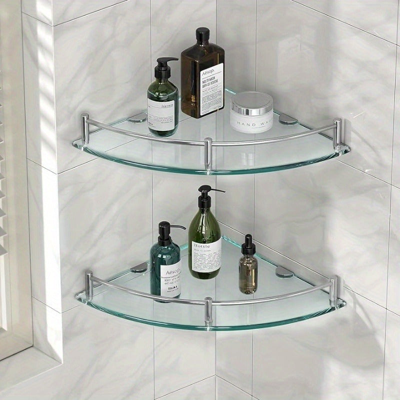 Estante de Esquina de Acero Inoxidable y Vidrio - Capa Única, Estante de Almacenamiento Montado en la Pared para Baño, Incluye Tubos Metálicos