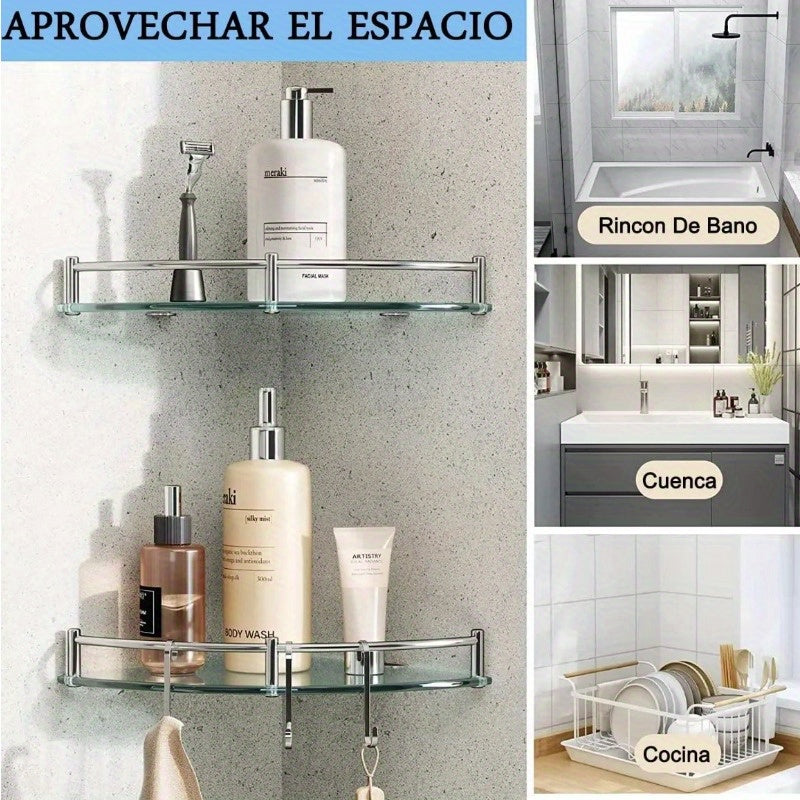 Estante de Esquina de Acero Inoxidable y Vidrio - Capa Única, Estante de Almacenamiento Montado en la Pared para Baño, Incluye Tubos Metálicos
