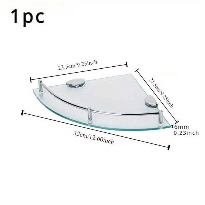 Estante de Esquina de Acero Inoxidable y Vidrio - Capa Única, Estante de Almacenamiento Montado en la Pared para Baño, Incluye Tubos Metálicos