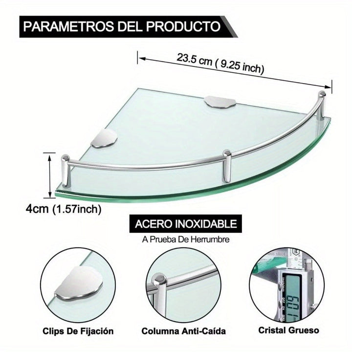 Estante de Esquina de Acero Inoxidable y Vidrio - Capa Única, Estante de Almacenamiento Montado en la Pared para Baño, Incluye Tubos Metálicos