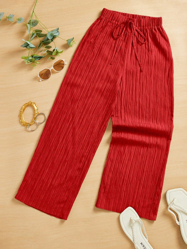 Essnce pantalones casuales de pernera ancha de 7/8 con textura y cintura anudada de unicolor para mujer