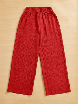 Essnce pantalones casuales de pernera ancha de 7/8 con textura y cintura anudada de unicolor para mujer