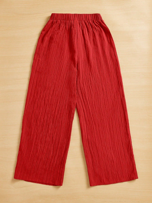 Essnce pantalones casuales de pernera ancha de 7/8 con textura y cintura anudada de unicolor para mujer