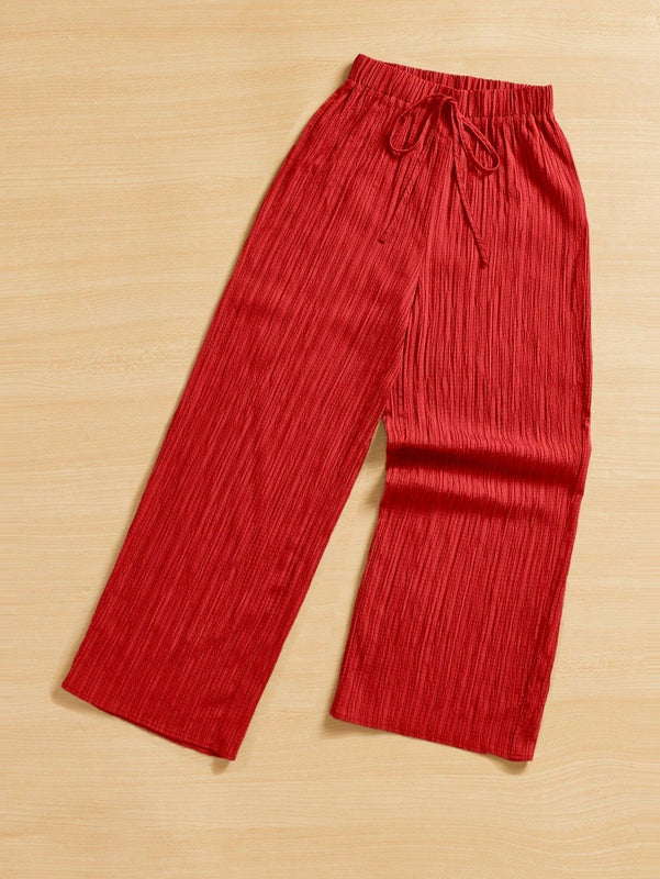 Essnce pantalones casuales de pernera ancha de 7/8 con textura y cintura anudada de unicolor para mujer