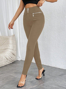 Prive pantalones pitillo de cintura alta con botones y cremallera
