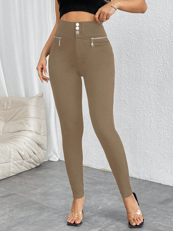 Prive pantalones pitillo de cintura alta con botones y cremallera