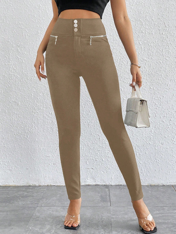 Prive pantalones pitillo de cintura alta con botones y cremallera