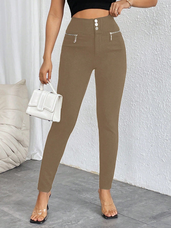 Prive pantalones pitillo de cintura alta con botones y cremallera