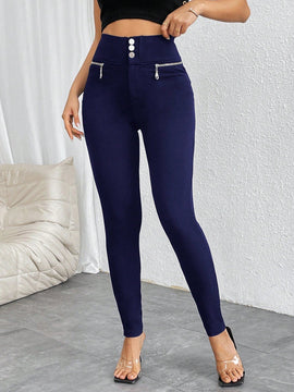 Prive pantalones pitillo de cintura alta con botones y cremallera