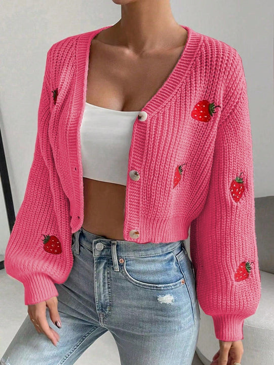 Moosta cardigan holgado de mujer con mangas farol, hombros caidos y bordado de fresa de estilo casual