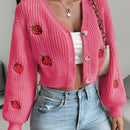 Moosta cardigan holgado de mujer con mangas farol, hombros caidos y bordado de fresa de estilo casual
