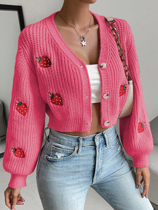 Moosta cardigan holgado de mujer con mangas farol, hombros caidos y bordado de fresa de estilo casual