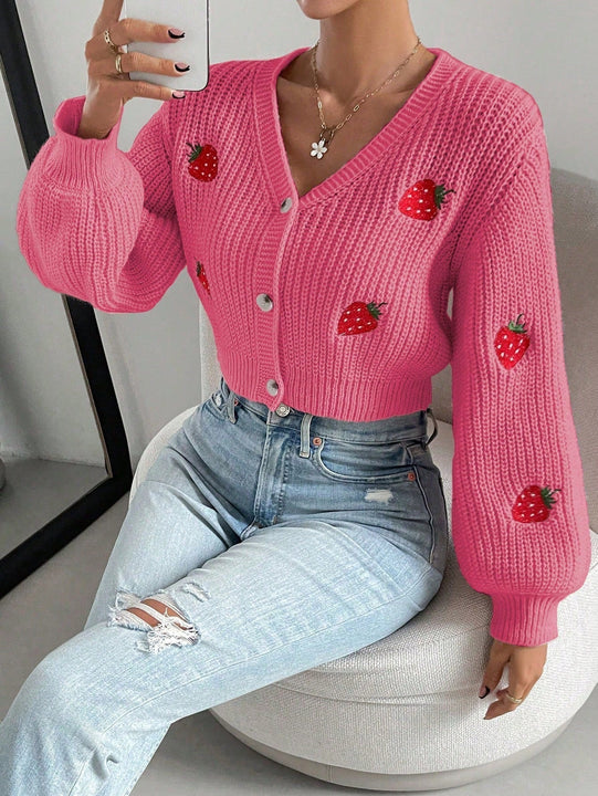 Moosta cardigan holgado de mujer con mangas farol, hombros caidos y bordado de fresa de estilo casual