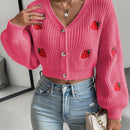 Moosta cardigan holgado de mujer con mangas farol, hombros caidos y bordado de fresa de estilo casual