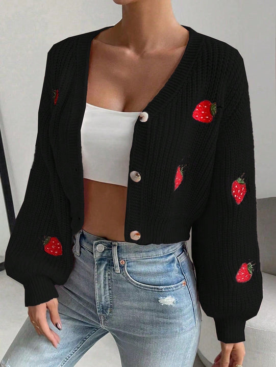 Moosta cardigan holgado de mujer con mangas farol, hombros caidos y bordado de fresa de estilo casual