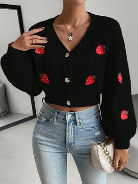 Moosta cardigan holgado de mujer con mangas farol, hombros caidos y bordado de fresa de estilo casual