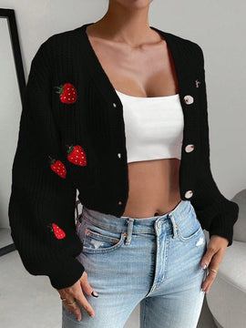 Moosta cardigan holgado de mujer con mangas farol, hombros caidos y bordado de fresa de estilo casual